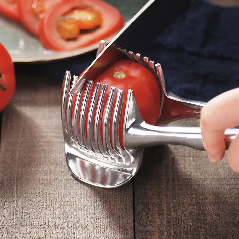 Stainless Steel Onion Holder Potato Tomato Slicer Vegetable Fruit Cutter Safety Cooking Tools Accessories